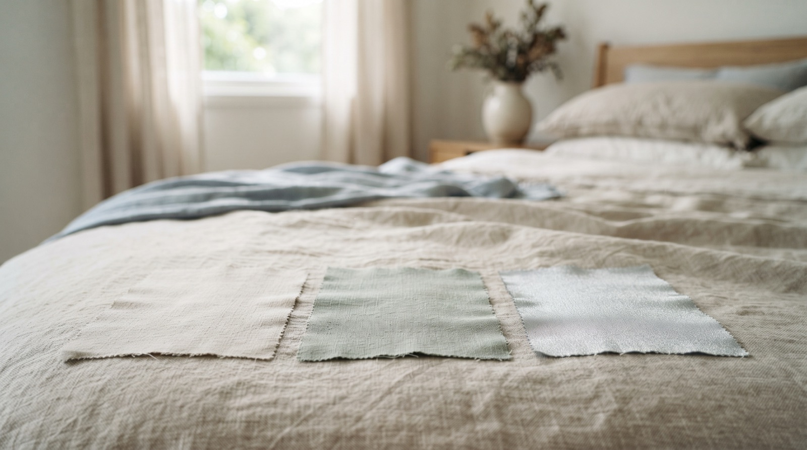 Three folded sheet sets in different fabrics side by side