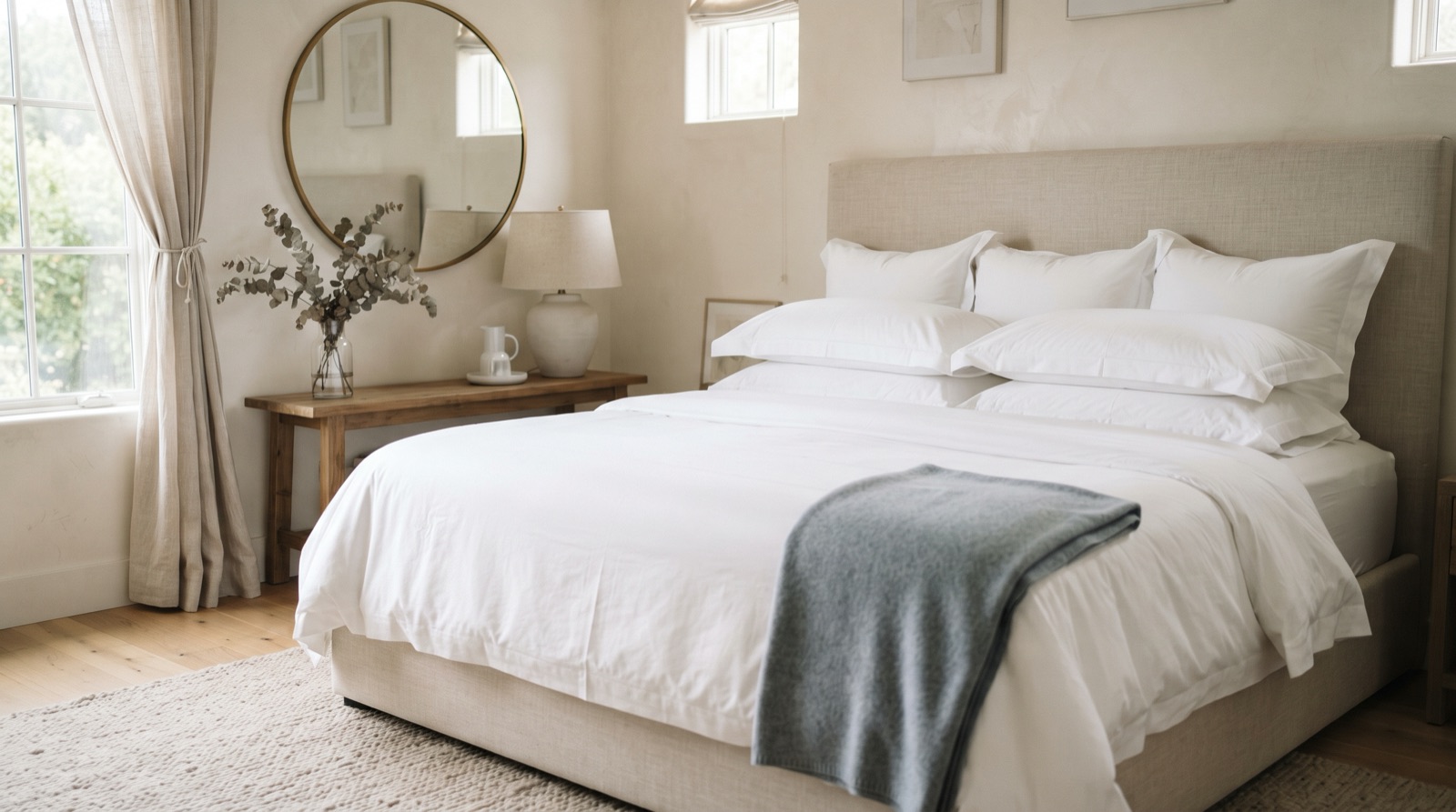 A neatly dressed hotel-style bed with stacked white pillows