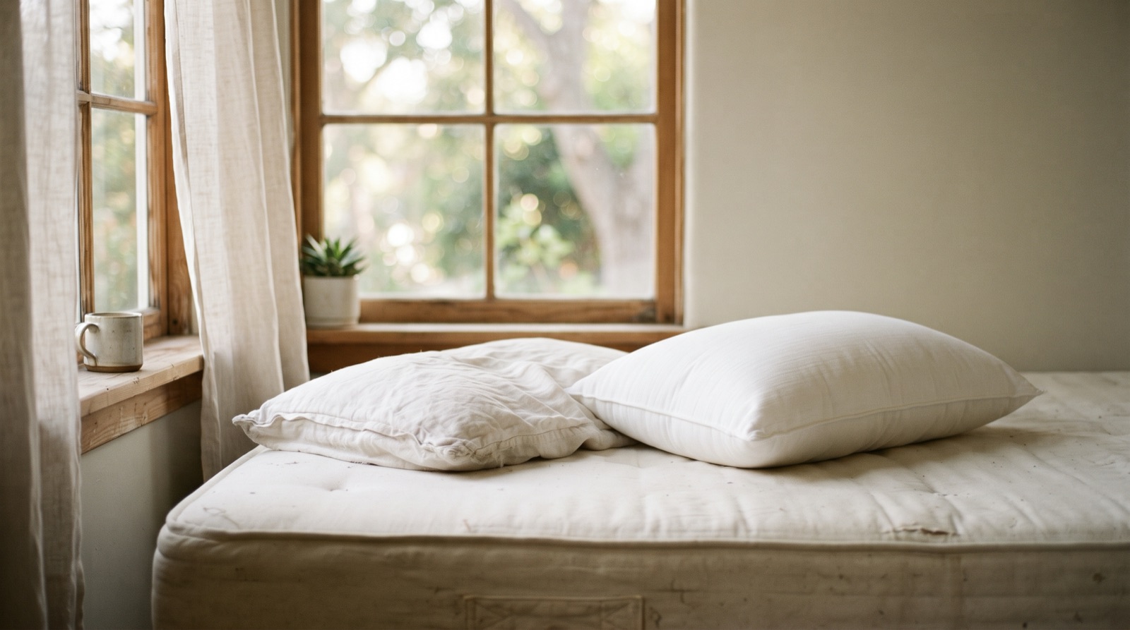 A stack of pillows on a bare mattress