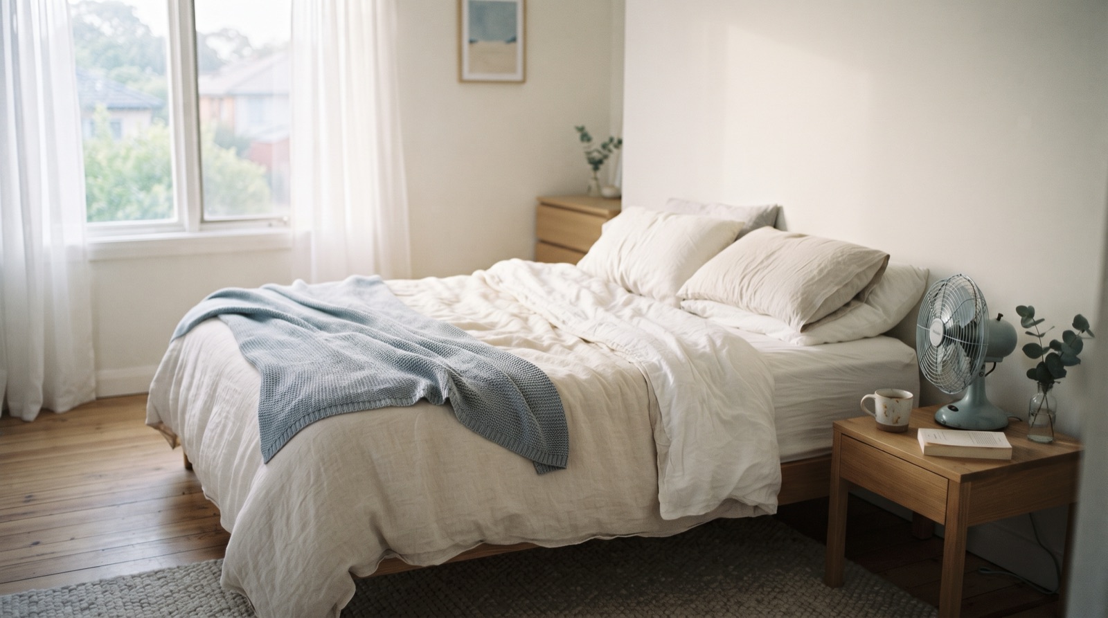 A bedroom window open at dusk beside a lightly dressed bed