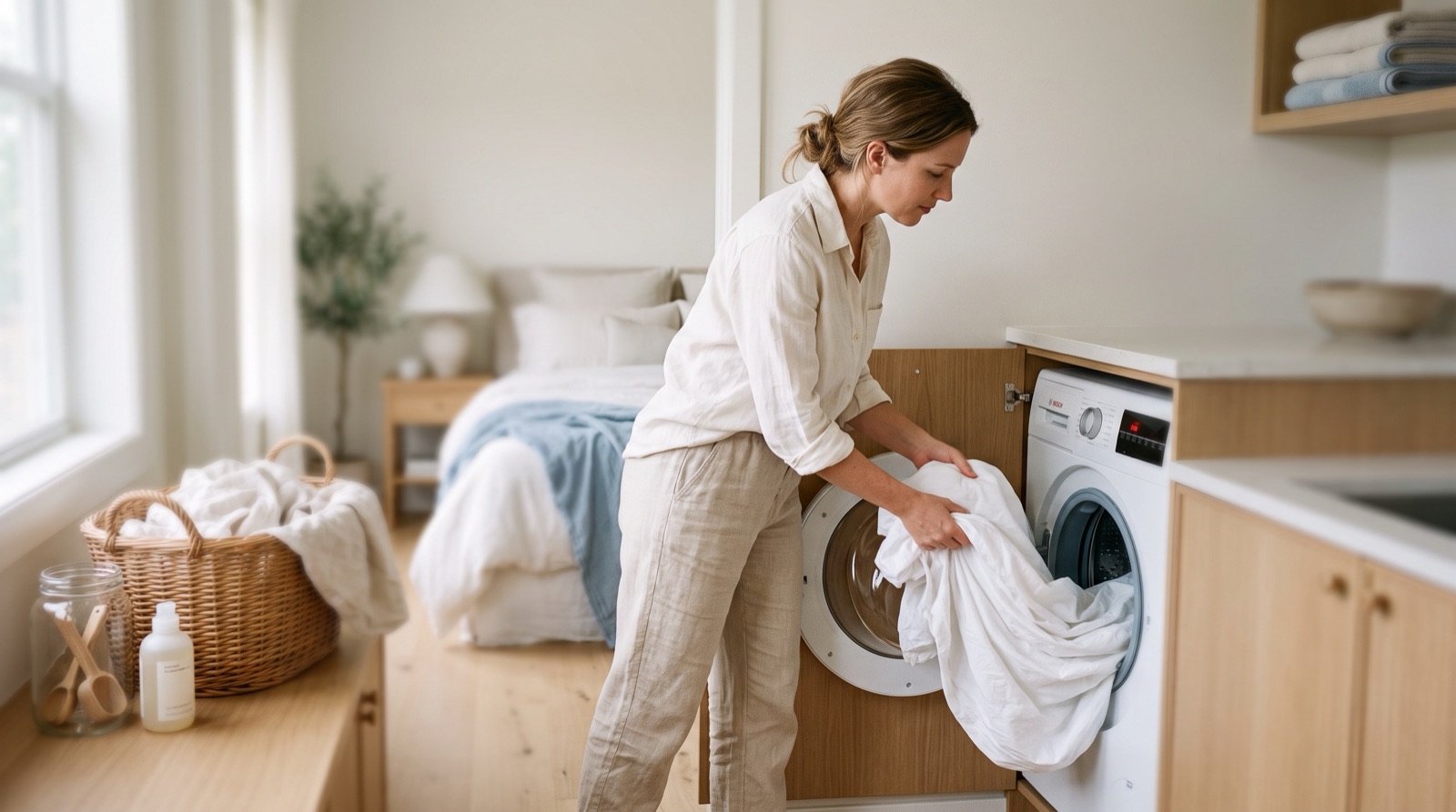 A washing machine drum loaded with light bedding