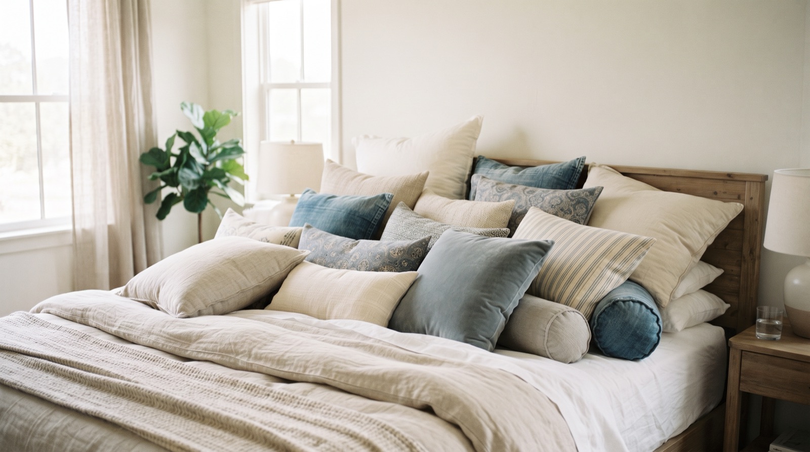 A shopper comparing pillows in a bedding aisle