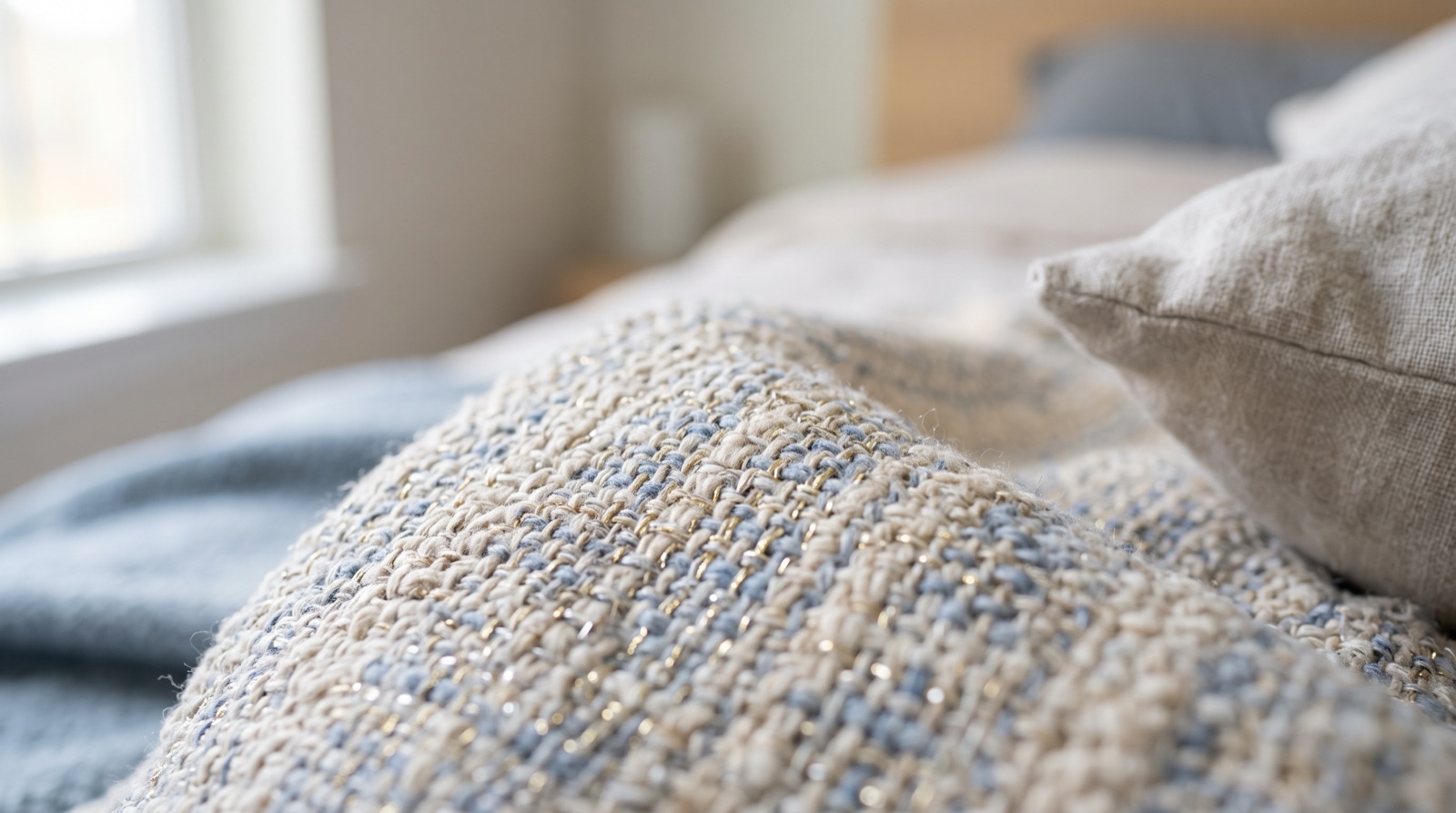 Close-up of light woven fabric with a subtle sheen