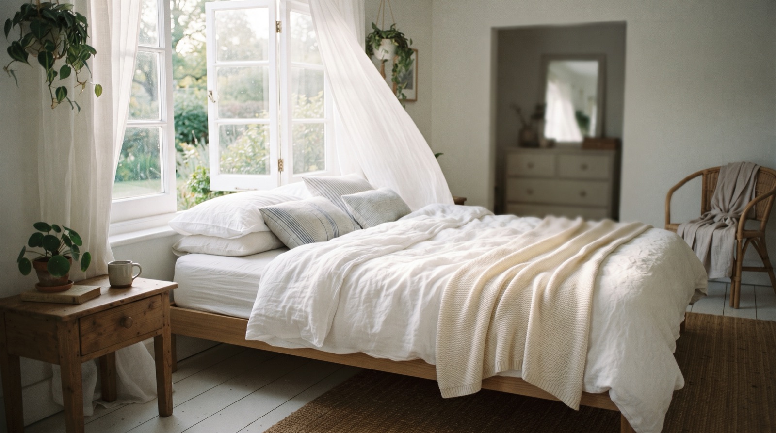 A light, airy bed made with pale breathable sheets
