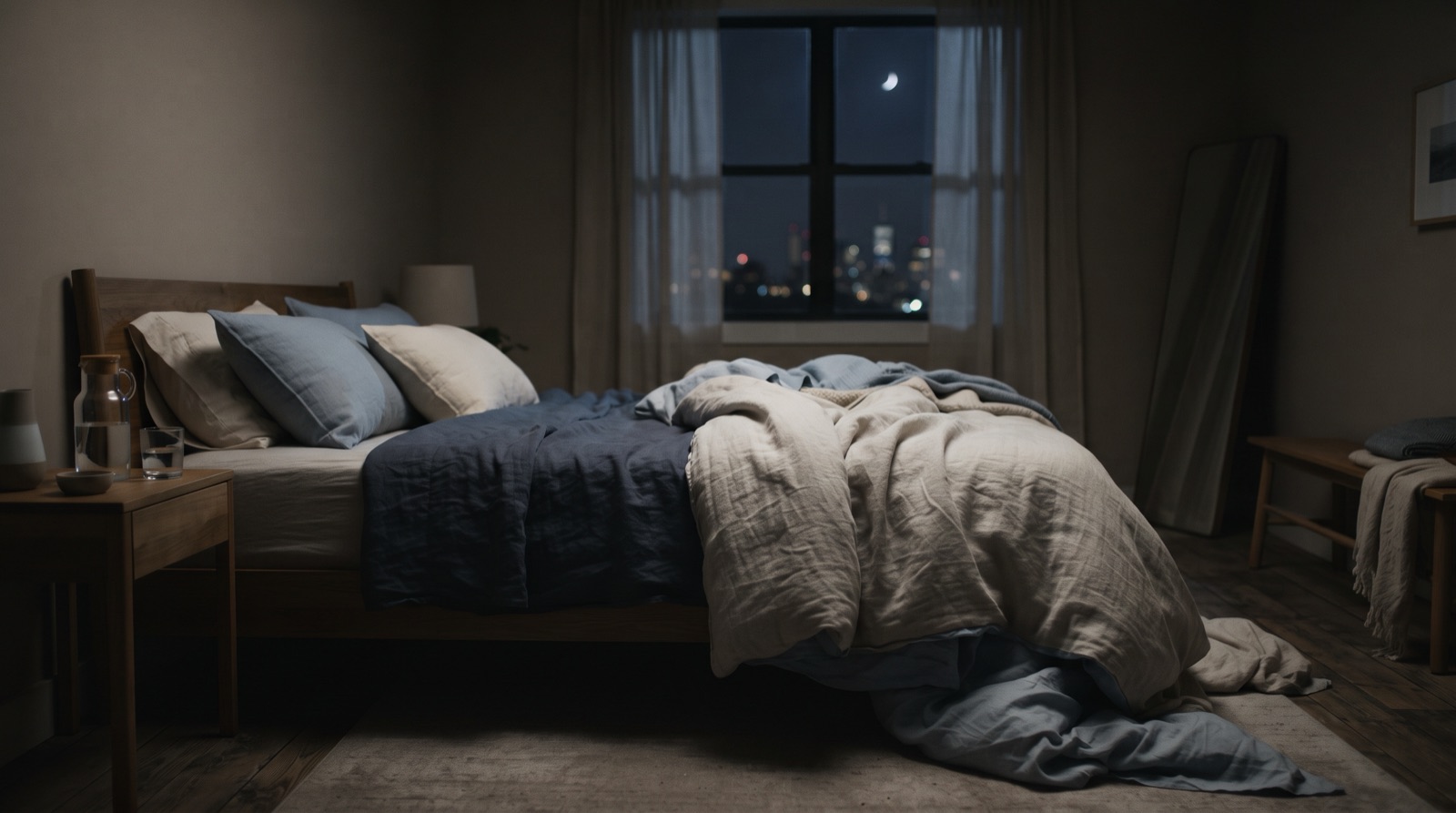 Rumpled bedding in early-morning light