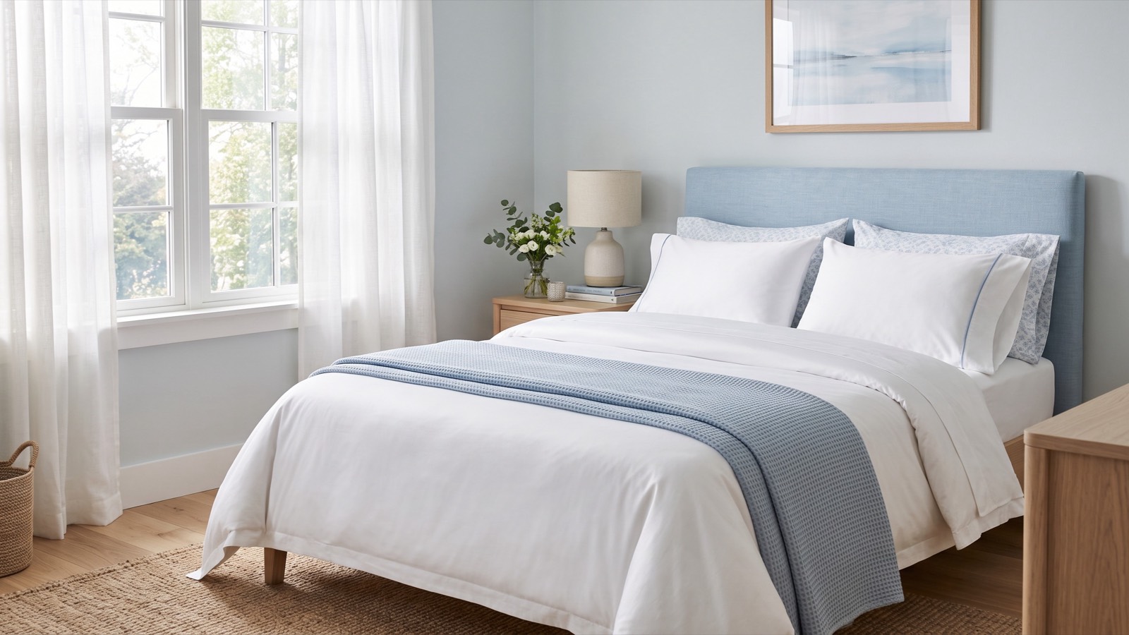 A cool, neatly made bed with light cotton sheets