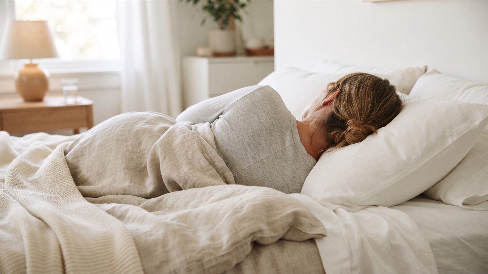 A person lying on their side with head level on a supportive pillow