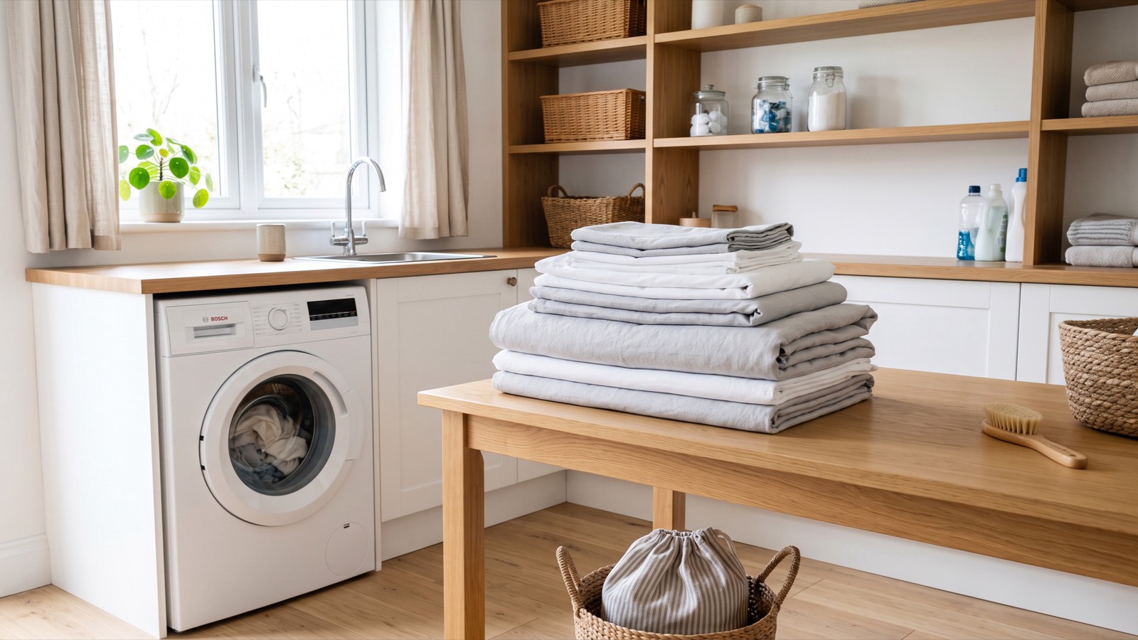Folded light-coloured sheets beside a washing machine